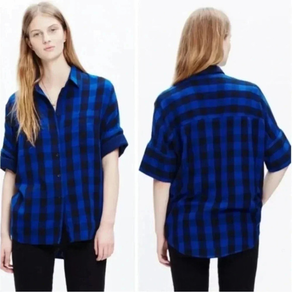 Madewell blue plaid button down top - Picture 1 of 8